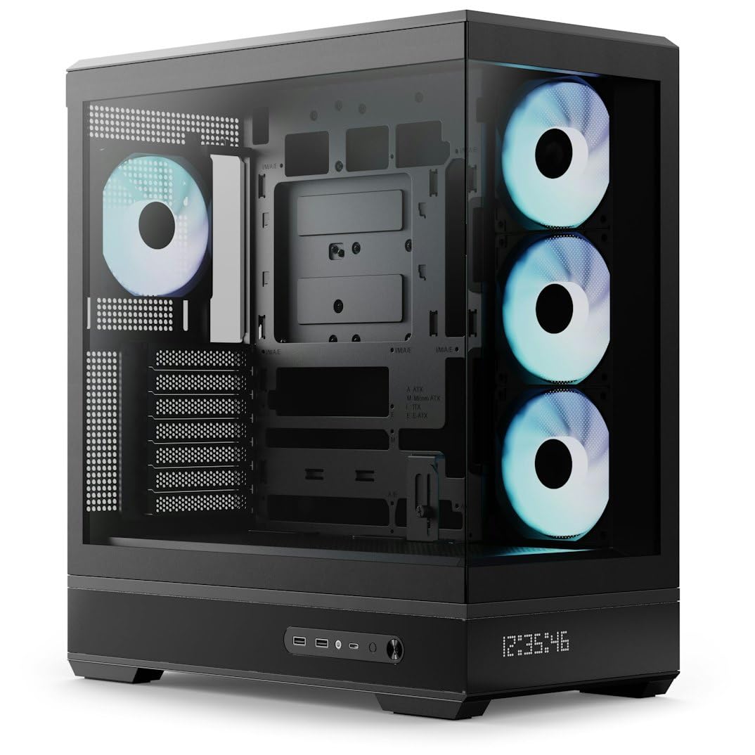 Aerocool P500B Digi schwarzes ATX-Gehäuse, Nahtloser Punkt-Pixel-LED-Bildschirm, 360 mm AIO und Reverse BTF-Motherboard-Unterstützung, verstellbare GPU-Unterstützung, ARGB-PWM-Lüfter x4