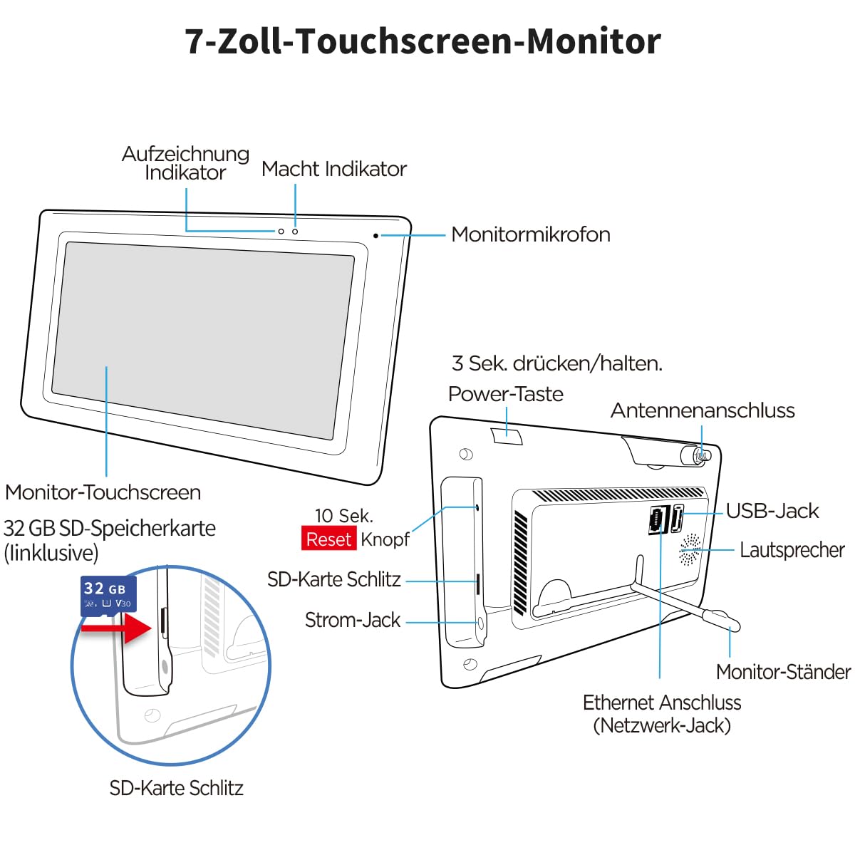 SecuFirst Überwachungskamera Aussen Kit mit Monitor,7" Touchscreen | Arbeiten ohne WLAN,Babyphone,2K Kamera Überwachung Outdoor, Innen Bildschirm, 2TB Erweiterbarer Speicher,32GB Lokal Speicher