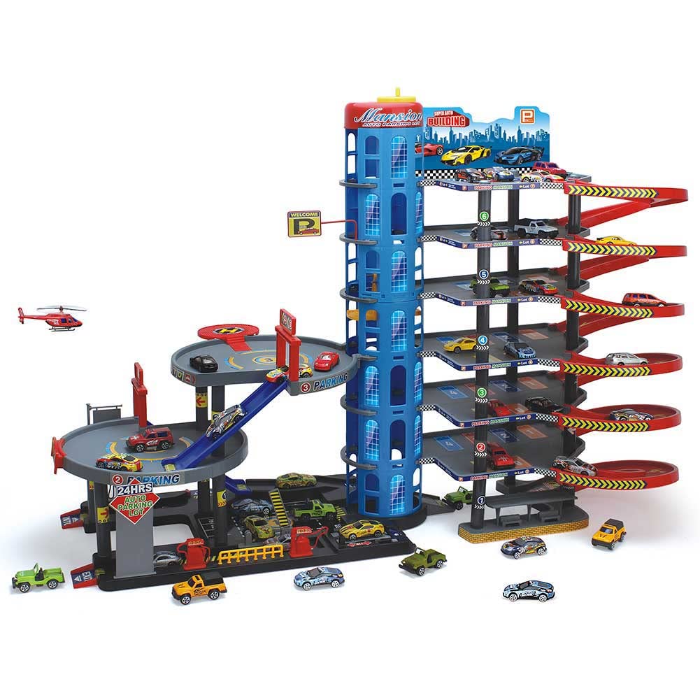 Bakaji Garaje gigante juguete para niños con 6 pisos, rampas de tobogán ascensor Pitstop y lavado de automóviles incluidos 10 coches + helicóptero tamaño 92 x 46 x 71 cm