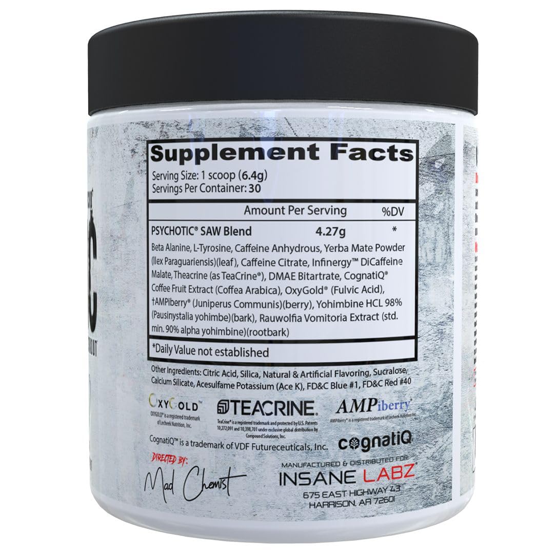 Insane Labz Psychotic Saw, High Stim Pre Workout Powder with OxyGold­™ and AMPiberry®,Extreme Lasting Energy with Teacrine®,Focus with CognitIQ® and Endurance (30 Servings, Grape) thumbnail 2