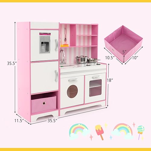 Miniatura 6 de Costzon Juego de cocina para niños, cocina de madera con luces LED de lujo, máquina de hielo, horno, lavadora, teléfono de juego, juego de juguetes