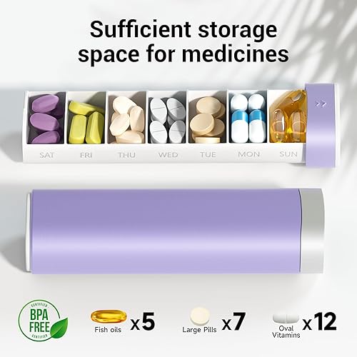 Miniatura 3 de Betife Pastillero de viaje semanal de 7 días, pastillero diario compacto, estuche portátil para medicamentos, lindo pastillero para suplementos