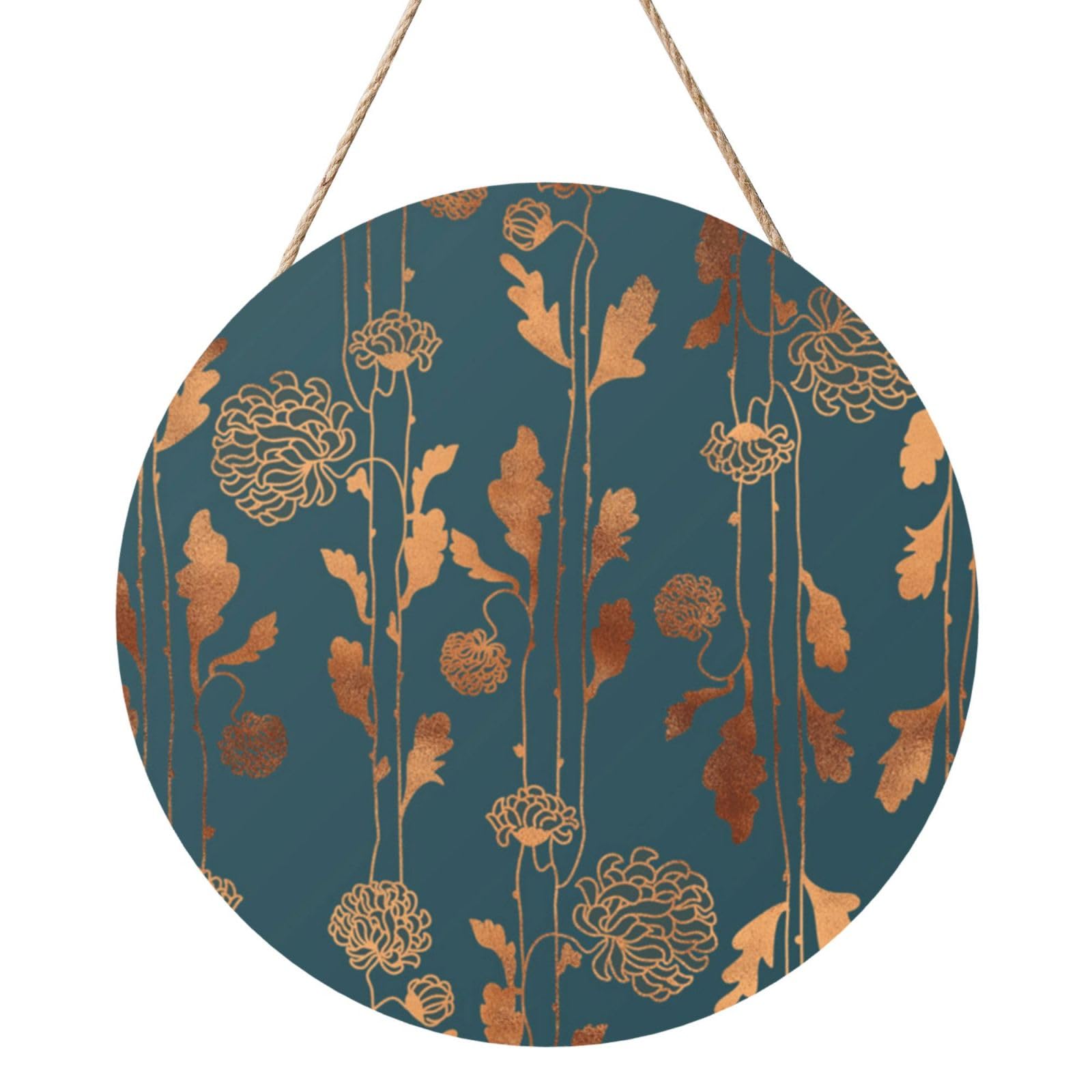 InOmak Art Deco Copper Flowers, Round Wood Panel Painting 12 in, Wall Hanging Painting For Home