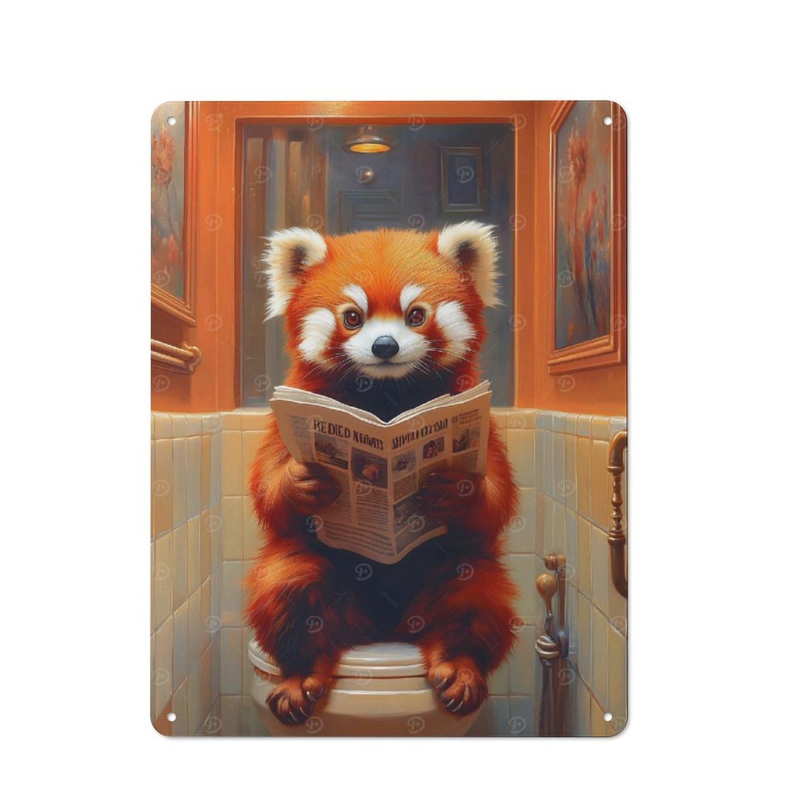 Cottage Tin Sign 40x30cm Featuring Red Panda Reading Newspaper Toilet, Porch Wall Decor for Shed, Garden Room, Porch Or Garage