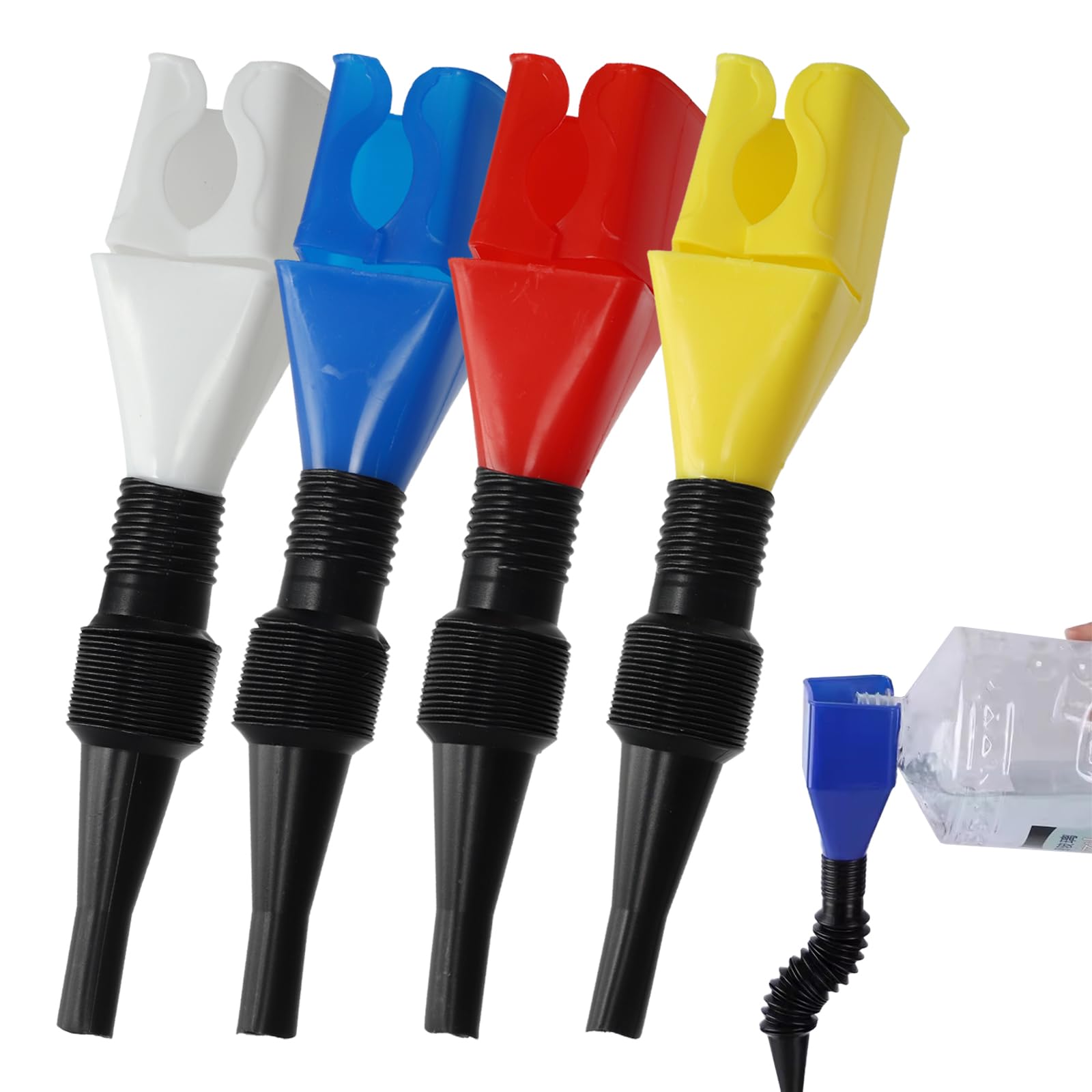 4 Pcs Funnels for Automotive Use, Oil Funnel for Oil Change, Flexible Funnel Suitable for Automobile and Motorcycle (White+Yellow+Blue+Red)