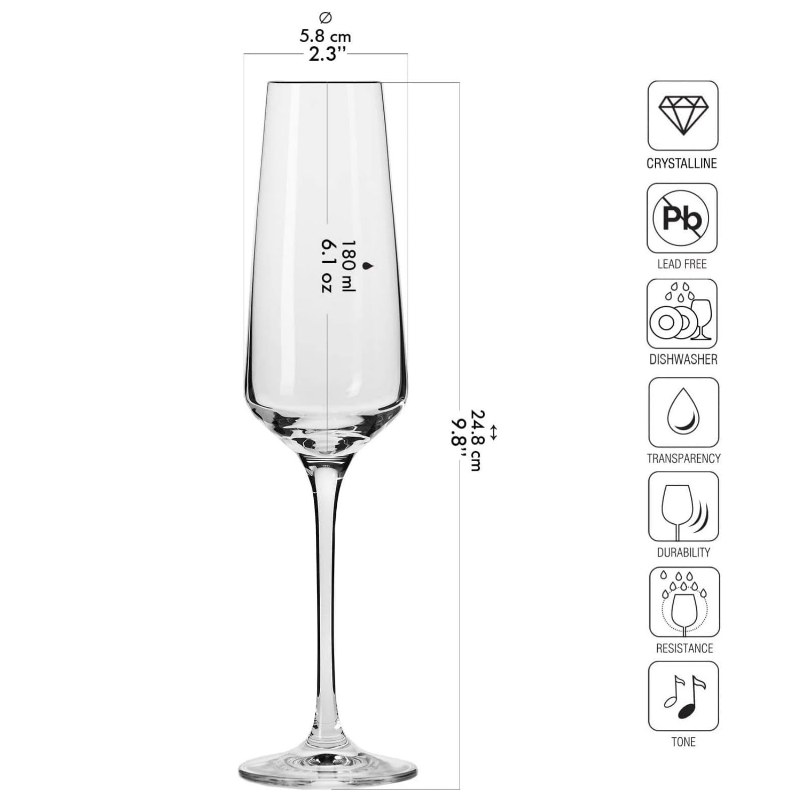 KROSNO Champagneflûtes | Set van 12 | 180 ML | Avant-Garde Collectie | Loodvrij kristalglas | Proseccoglazen | Voor thuis, restaurants & feesten | Vaatwasmachinebestendig