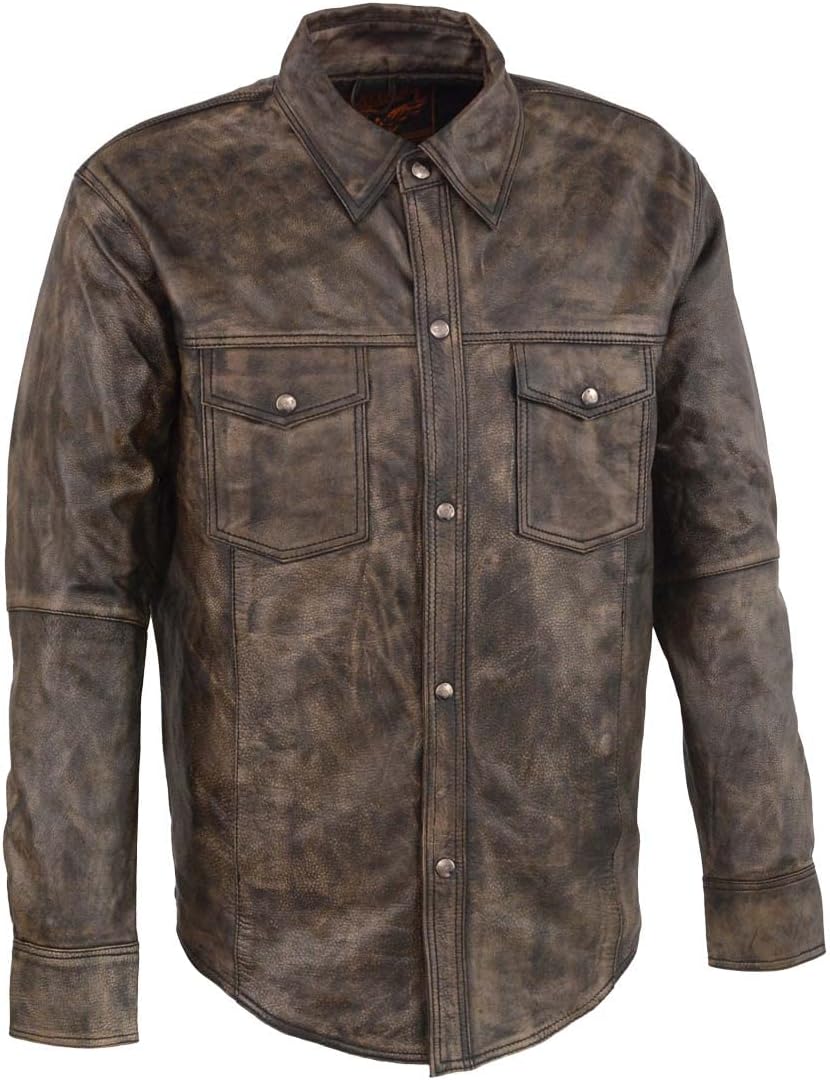 Milwaukee Leather MLM1605 Men’s ‘Button Down’ Distressed Grey Lightweight Casual Biker Leather Shirt Milwaukee Leather MLM1605 Men’s ‘Button Down’ Distressed Grey Lightweight Casual Biker Leather Shirt
