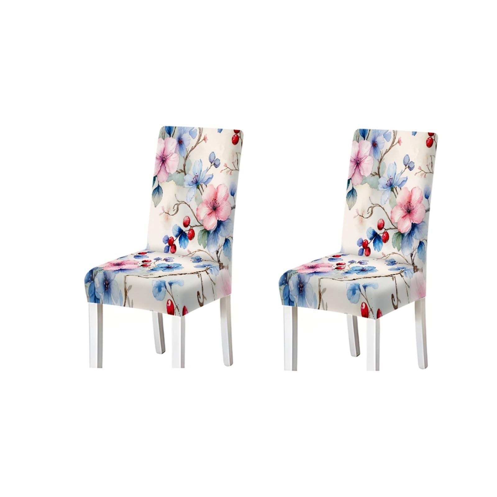 BOSUYBN Watercolor Pink Blue Floral Berry Pattern Print Dining Chair Covers Set Of 2/4/6, Stretch Slipcovers For Kitchen Dining Room Furniture Protectors for Home Dining Room(2PCS Chair cover)