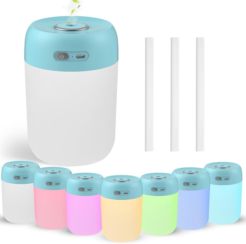 Humidificador pequeño portátil, humidificador para plantas de 650 ml, azul | 7 colores y luz cálida, mini humidificadores para plantas, dormitorio, oficina, Dsektop