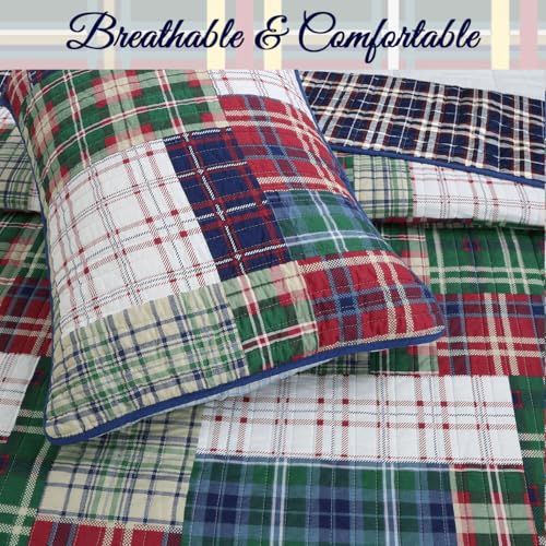 Cozy Line Home Fashions Navy Blue Green Red Plaid 100% Cotton Quilt Bedding Set, Reversible Coverlet, Bedspread (England Patchwork, Twin - 2 Piece)