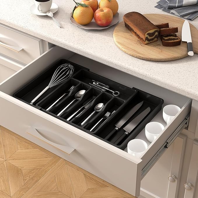 Image of Aroja Utensil Organizer for Kitchen Drawer, Expandable Cooking Silverware Tray, Adjustable Cutlery Flatware Holder, Plastic Spatula Tools Storage Divider (BLACK PACK OF 2)