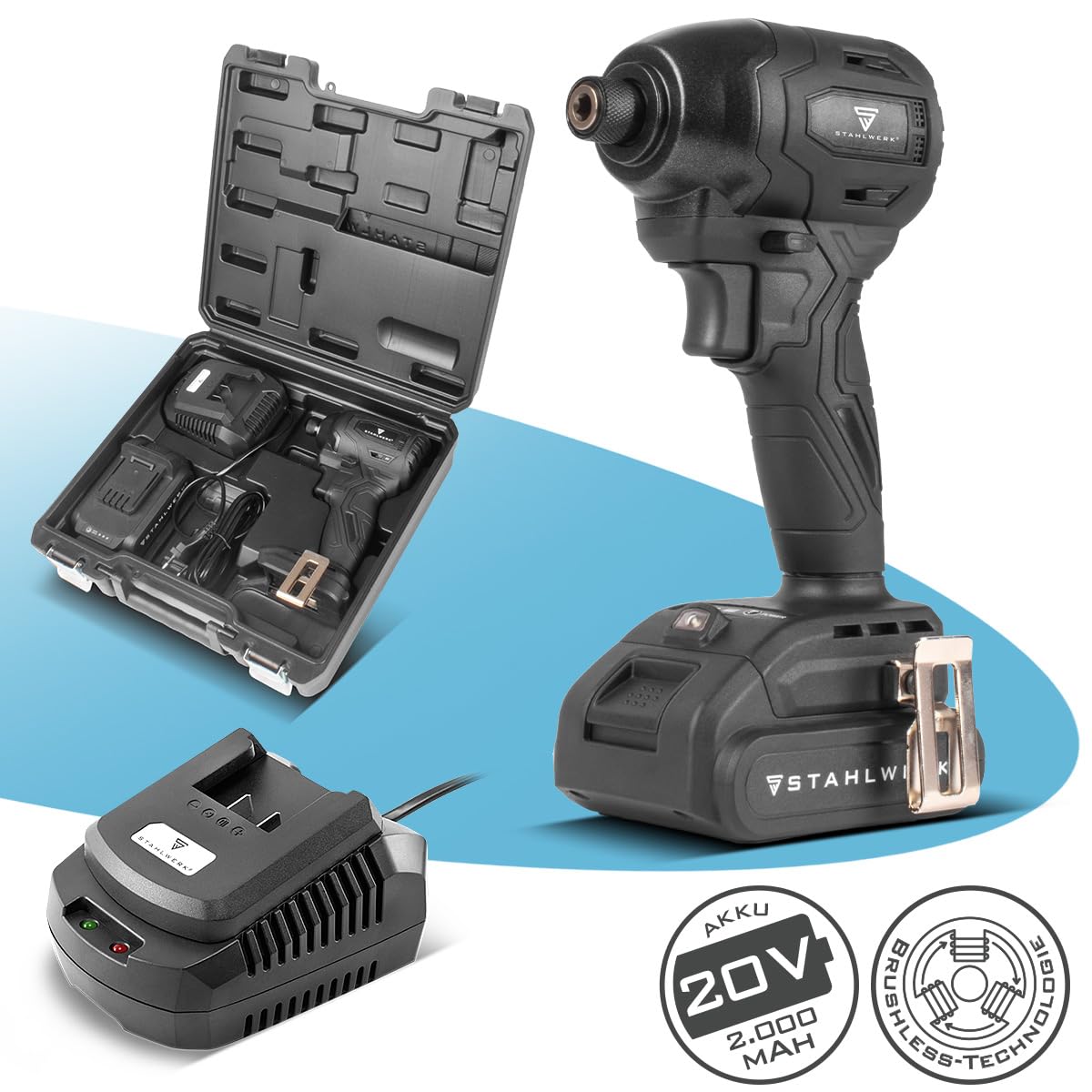 STAHLWERK Trapano avvitatore a percussione a batteria ADS-190 ST – 20 Volt sistema e tecnologia Brushless – Avvitatore a batteria 190 Nm, batterie e caricabatterie, attacco bit a sgancio rapido da ¼