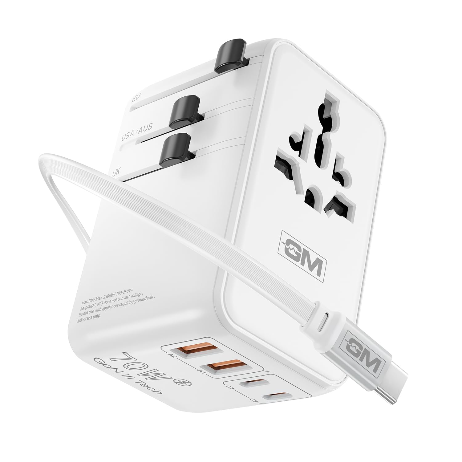 GM G+ 70W TravelEase Pro Adaptor with 75mm Retractable Cable|Universal Travel Adaptor|Dual USB Ports Multiplug Charger with GaN Fast Charging|Worldwide Compatibility|Compact & Travel-Friendly - White-image-34