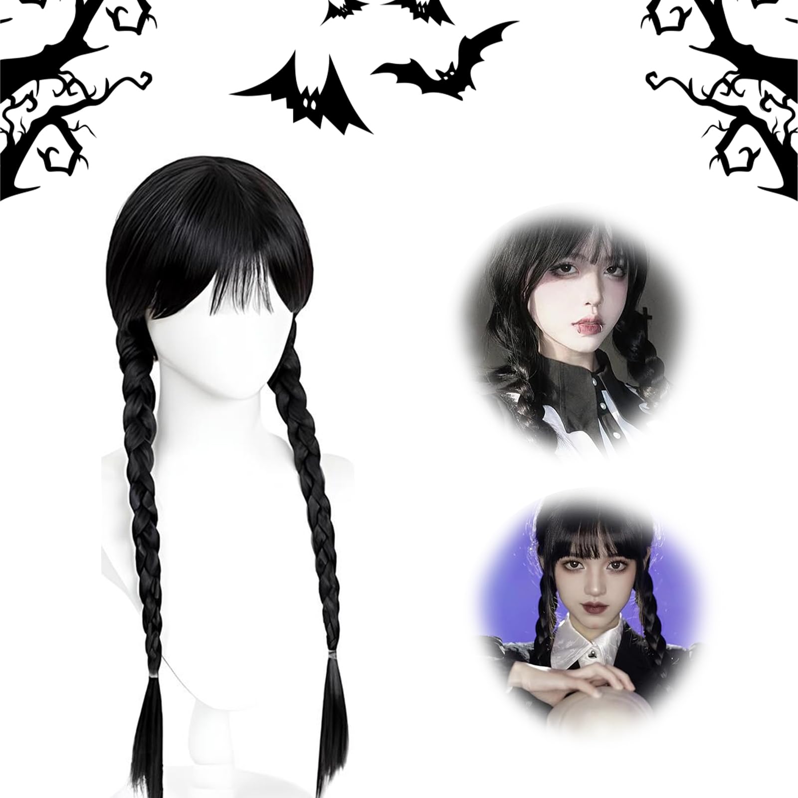 Parrucca Mercoled&igrave; Addams - Doppia Coda, Nera, Con Frangia, Per Halloween E Feste A Tema