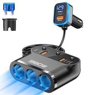 Cigarette Lighter Splitter Adapter 360W: Car 12v Splitter 3 Socket Car Charger Extension Triple USB C 36W and QC3.0 18W Ports 12 Volt Power Outlet DC with Button Switch LED Voltmeter 15A Fuse - Amazon product rated Grade A