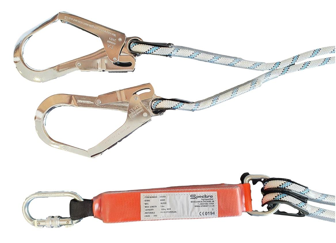 Cordino SpanSet anticaduta 2mt con assorbitore di energia a strappo e due ganci da ponteggio. Conforme alla norma EN355.