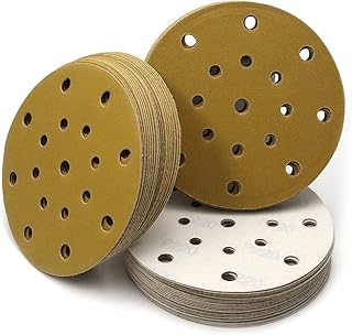 6 Inch Gold Sanding Discs 50 Pcs,17 Hole Dustless Orbital Sander Pads, Premium Aluminum Oxide Abrasive Flocking Hook & Loop Backing Wet Dry 220 Grit Sandpaper for Wood, Metal, Auto Sanding Polishing