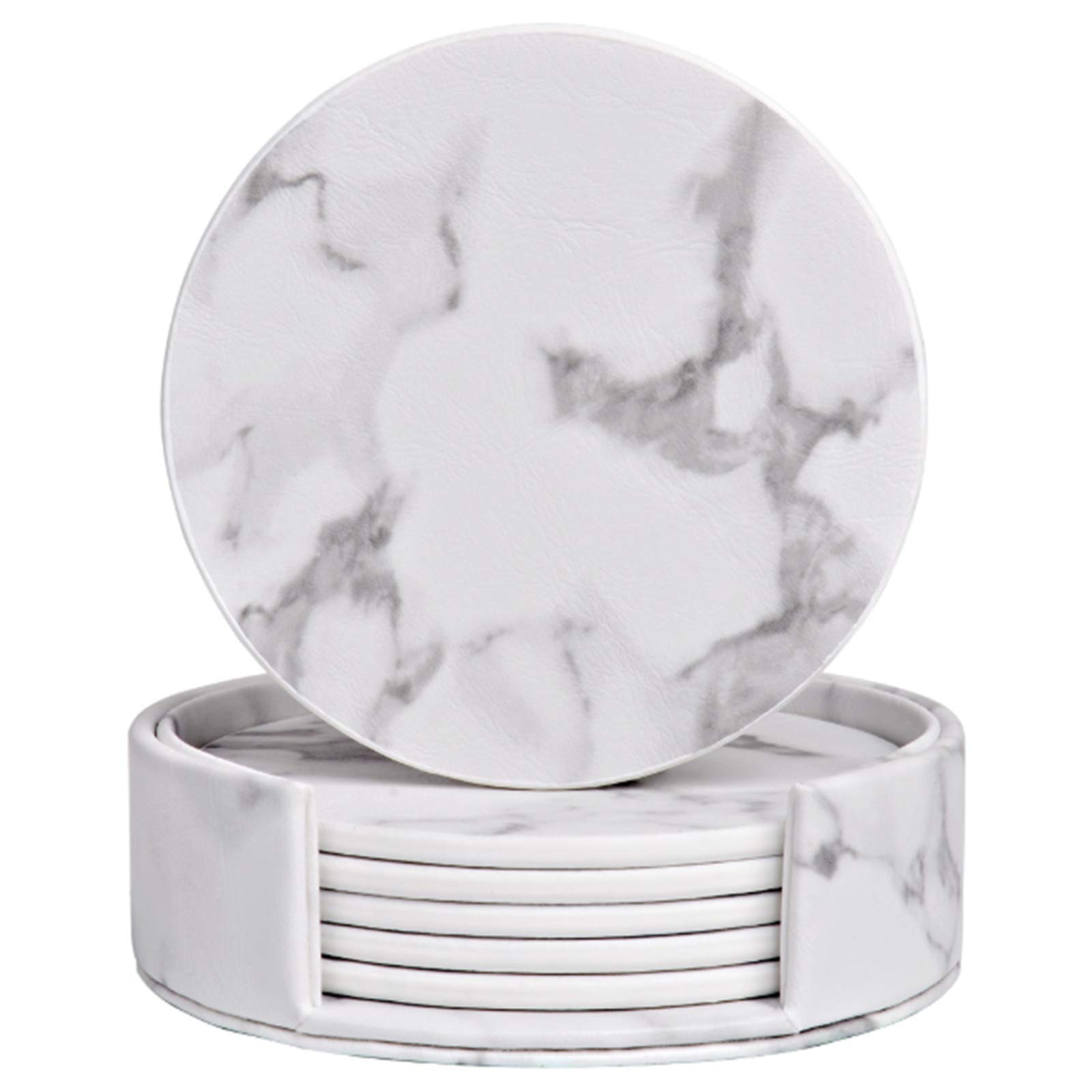 Loghog White Marbling Leather Coasters For Drinks With Holder Set Of 6,Coffee Mats Protect Furniture From Hot Or Cold Water Marks & Damage, Pu Leather Drink Coasters Suitable For Kinds Of Mugs And Cups (White Marbling)