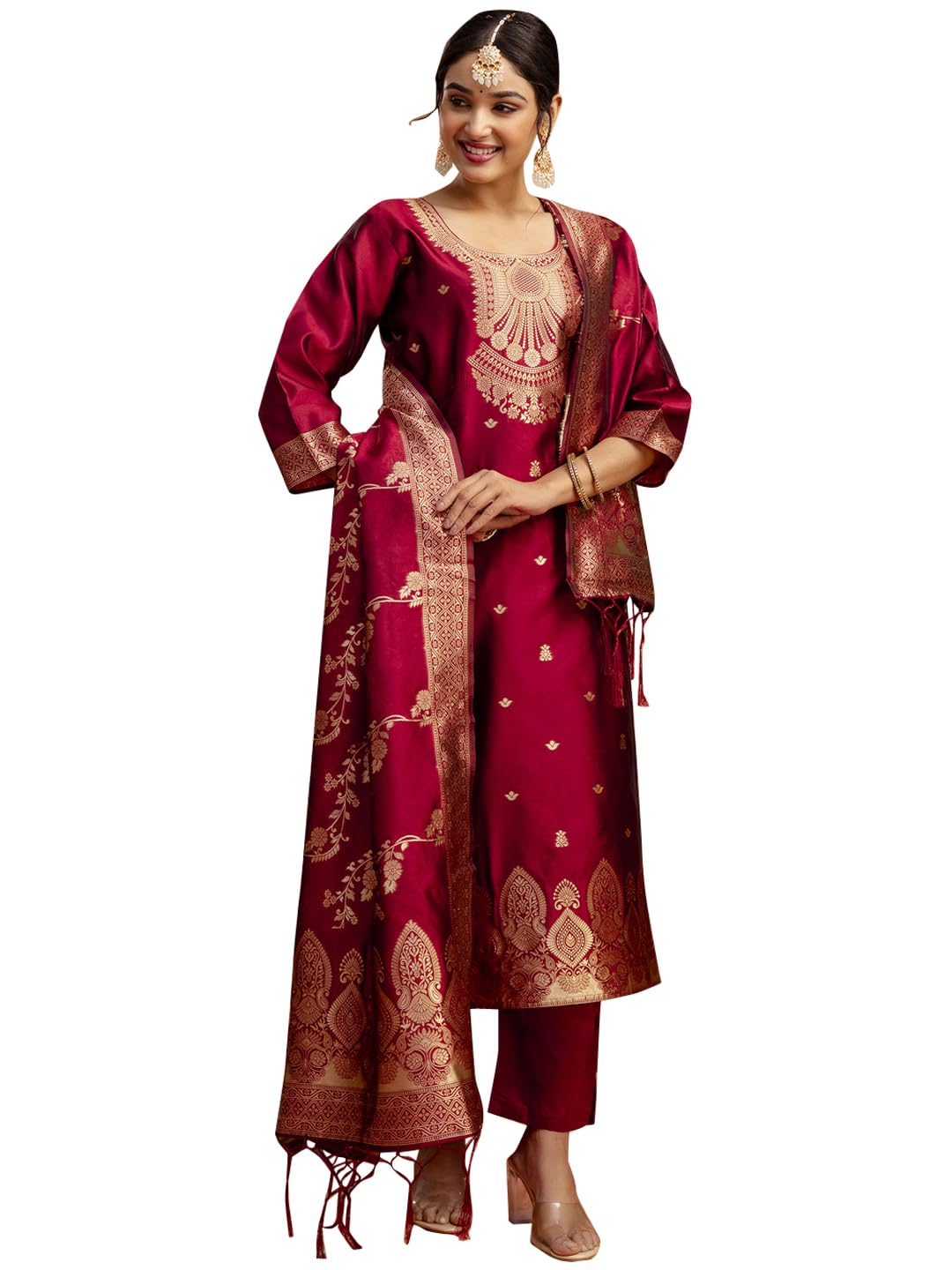vredevogel Women's Cotton Silk Blend Zari Work Kurta Pant Set with Jacquard Silk Dupatta | Modern & Traditional Blend Ethnic Wear Set-picture-40