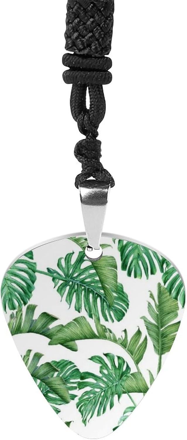 Titanium Steel Guitar Pick Pendant Necklace with Adjustable Braided Cord Music Jewelry Gift for Musician Men Women Palm Tree Leaves on Grunge Background with Sea Vintage Waterscape Illustration