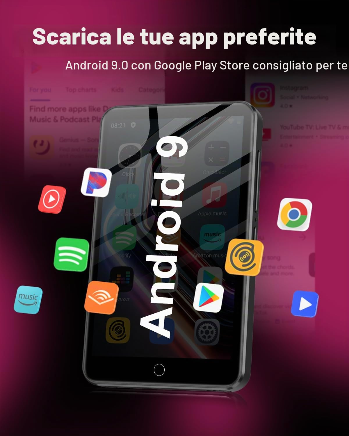 Lettore MP3 ZAQE da 80 GB con Bluetooth e WiFi, lettore MP3 MP4 con touchscreen da 4,0 pollici, lettore MP3 Android con Spotify, Audible, Deezer, lettore musicale HiFi con kinder (Nero)