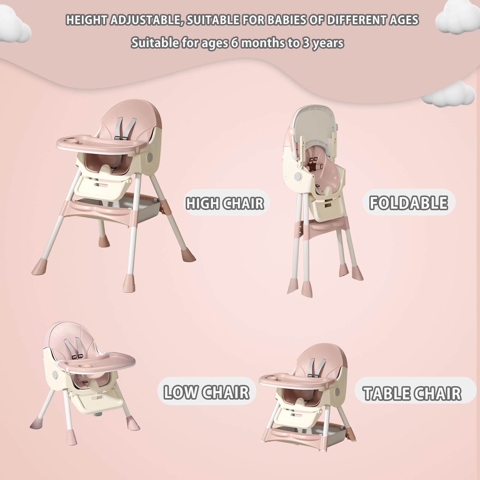UBRAVOO Trona Evolutiva Bebe Silla de Comedor Plegable 3 en 1 Doble Bandeja de Comida Arnés de Seguridad de 5 Puntos Adecuado Para Niños De 6 a 36 Meses Capacidad de Peso 40KG (Rosa)