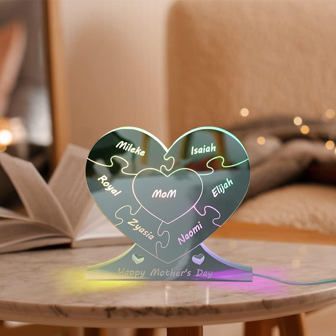 Personalized Family Names Mirror Sign Lamp Custom 1-12 Name Puzzle Night Light Personalized Gift For Family, Mom,Mother,Dad Father Lover Home Decoration (Heart name puzzle)