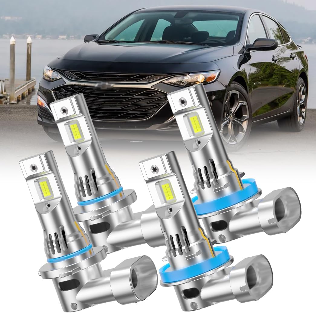Automotive LED Headlight Bulbs, 9005 High Beam and H11 Low Beam Combo Pack, 6000K White with Built-in Fan for Chevrolet Malibu 2019-2025 9th Gen, 12-24V, 4-Count