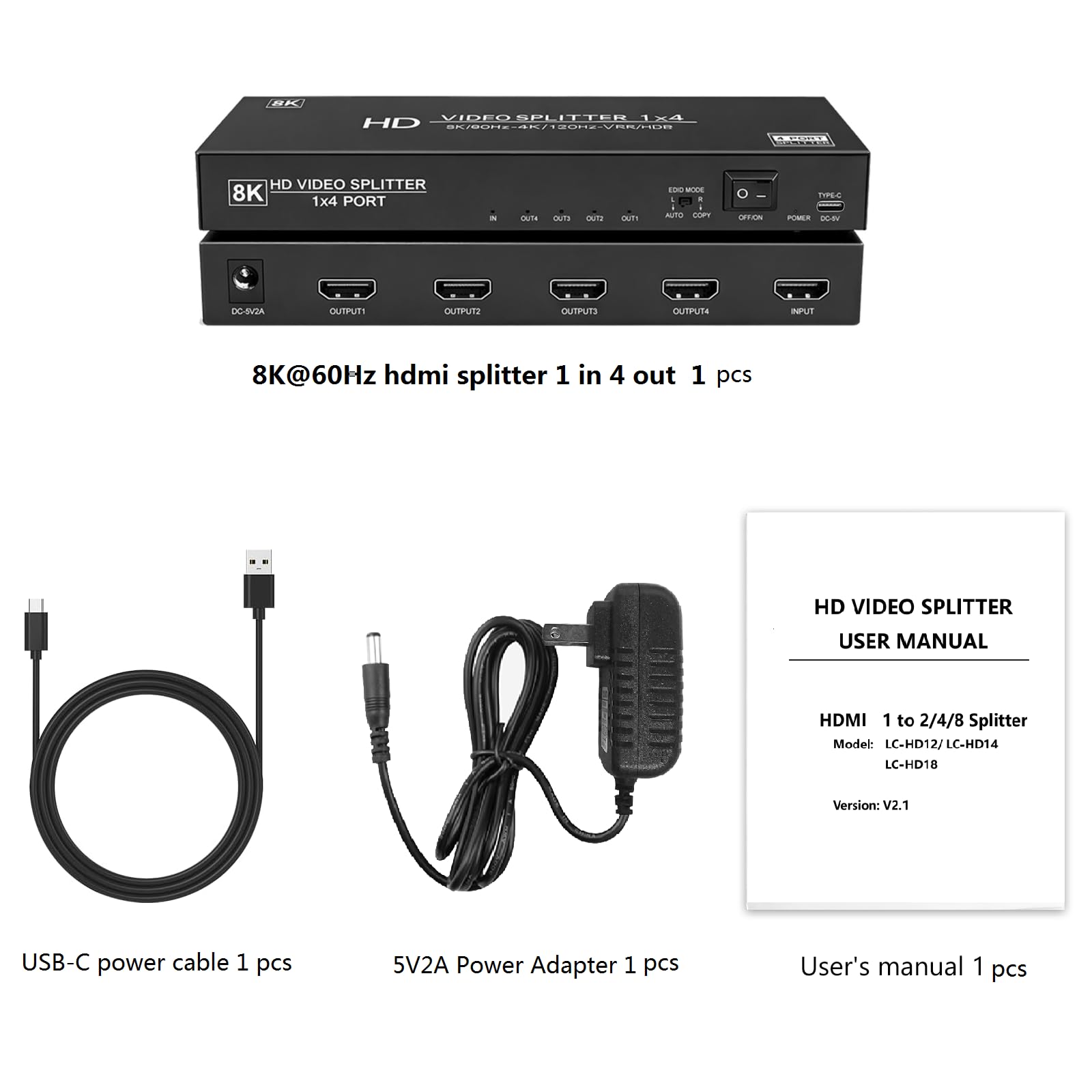 Splitter HDMI 8K 1 in 4 Out, 4K @ 120Hz 1X4 hdmi 2.1 Splitter Supporto 8K @60Hz, 4:4:4, 48 Gbps, EDID, Auto Down Scaler, 8K e 4K o 1080P Sync HDCP 2.3, VRR, HDR10+ per PS5, laptop, HDTV, proiettore