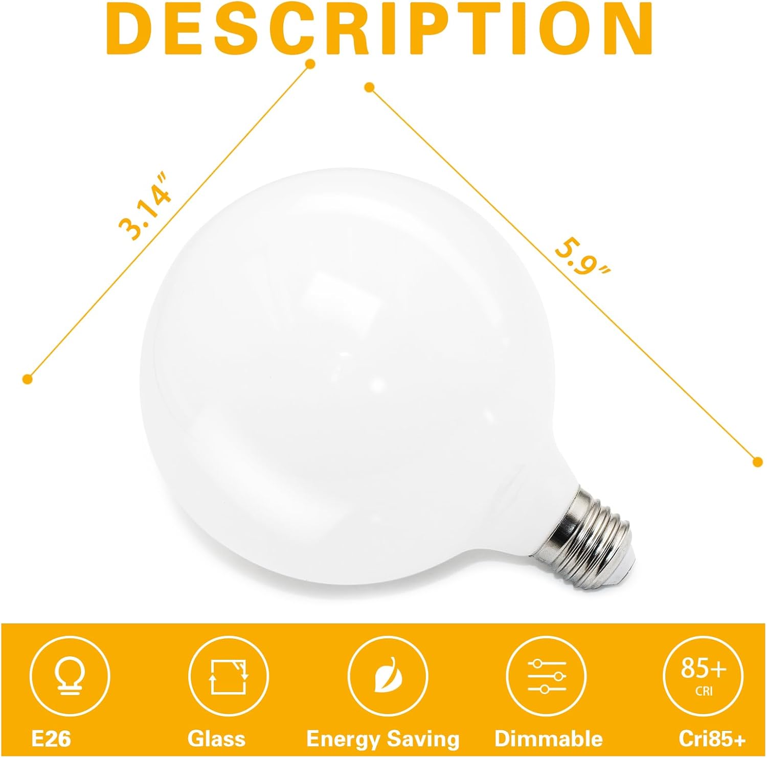 2PCS G125 Globe LED Light Bulbs 8w Equivalent 60 watt,E26 Large Decorative Edison Light Bulb Oversized,Big Fancy Milky White Glass Lightbulbs Dimmable for Sputnik Chandelier(three color, 2PCS)