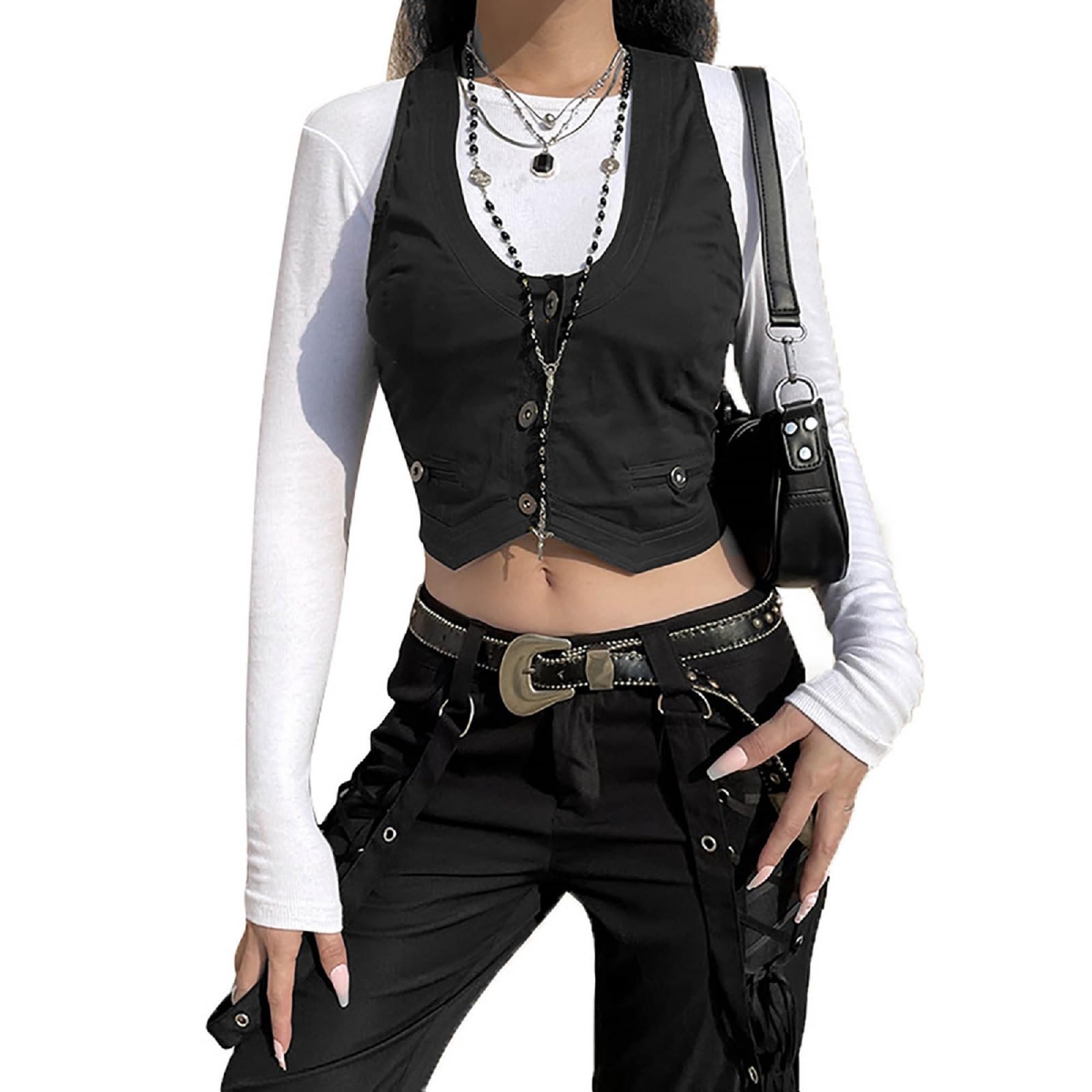 yongyWomen's Button Waistcoat Vest Y2K Cropped Vest Tops Solid V Neck Sleeveless Button Up Vests Grunge Clothes Streetwear
