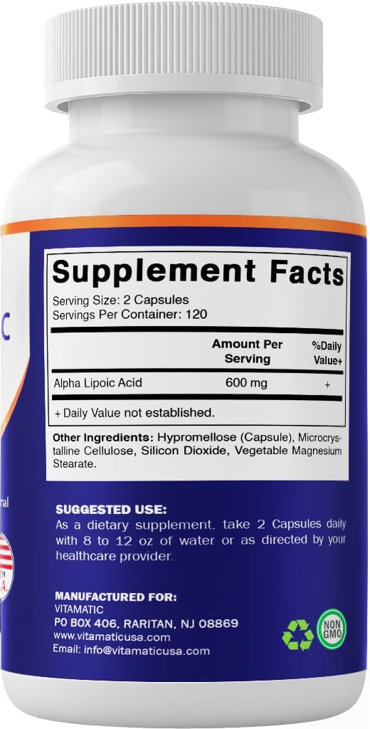 Vitamatic Alpha Lipoic Acid (ALA) 600mg Per Serving - 240 Vegetable Capsules - 120 Servings - Non-GMO & Gluten Free-2 Pack