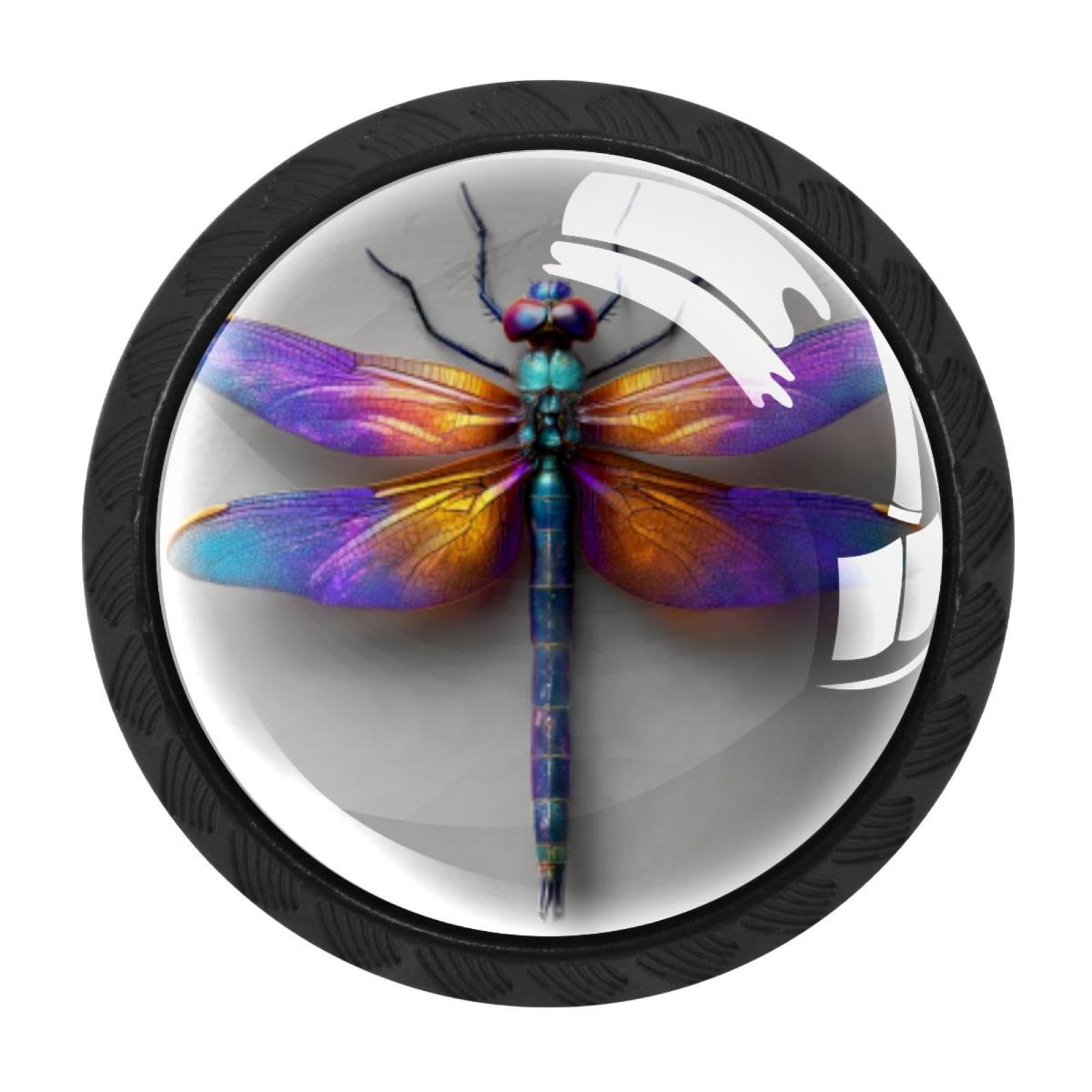 CHENZZZZ 4 Pack Black Colorful Dragonfly (3) Drawer Knobs, Cabinet Knobs Round Glass Knobs for Kitchen Cabinet Hardware Bathroom 35MM