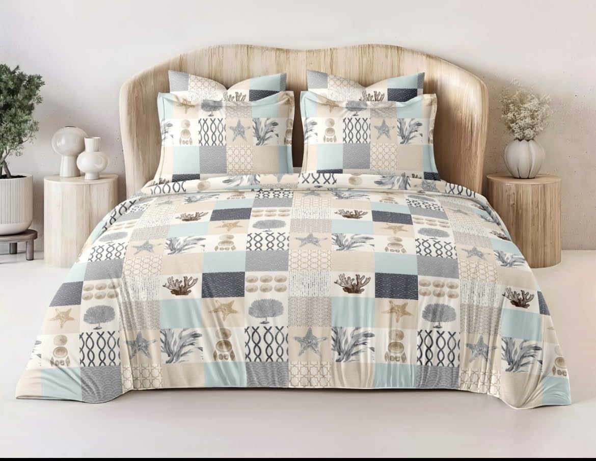 AMAZING HOME DECORATE AHD Super King Size Fitted Bedsheet 84x78 with Elastic | Cotton Blend Bed Sheet with Pillow Covers | 12 Inch Deep Pocket, Wrinkle Free, Soft Printed Bedsheet (Multi Box)