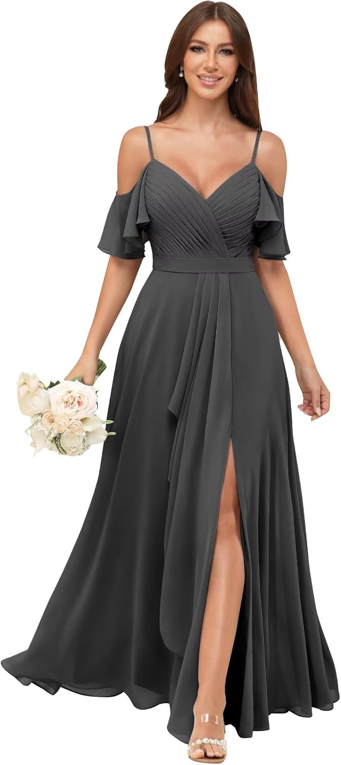 Off Shoulder Chiffon Bridesmaid Dresses for Women Slit Pleated Ruffle Formal Evening Gowns with Pockets