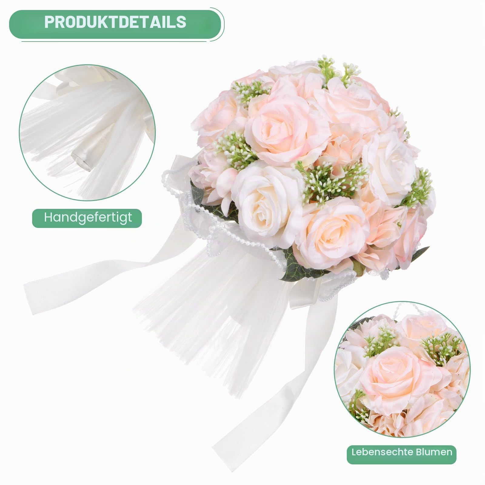 M METERXITY Brautsträuße für die Braut, künstlicher Blumenstrauß für Hochzeit Brautsträuße für Braut/Brautjungfer, Sträuße mit Seidenband [Champagner]
