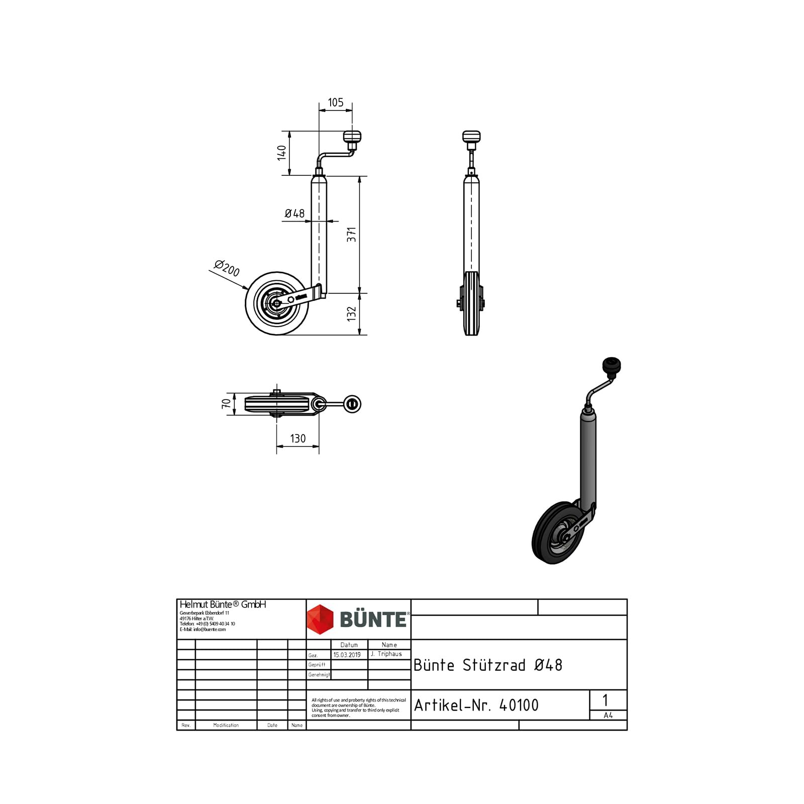 Stützrad Ø 48 mm, Ø 200 x 50 mm, BÜNTE Universal Bugrad für Anhänger Wohnwagen