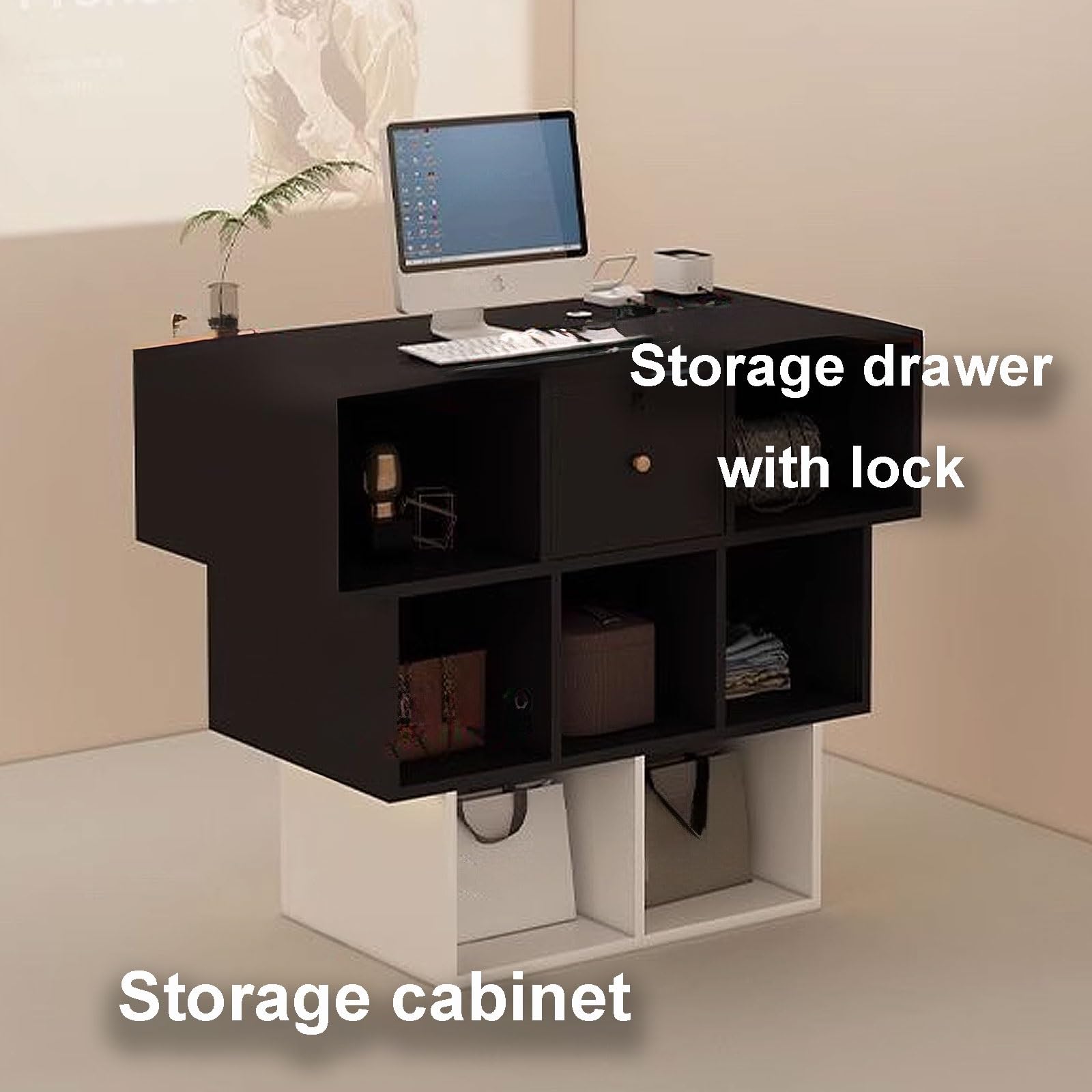 Elegante scrivania per reception con luce ambientale morbida per negozi di abbigliamento e ristoranti, moderno bancone anteriore bianco e nero, 110 x 50 x 90 cm, design elegante e funzionale