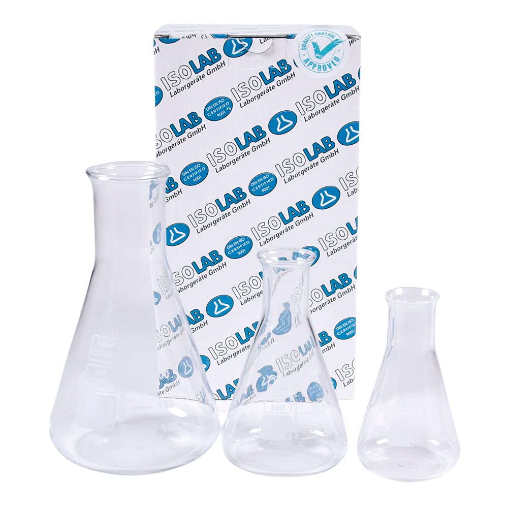 ISOLAB USA - Set di boccette Erlenmeyer in vetro trasparente - collo stretto - 3 misure - 50 ml, 100 ml e 250 ml (50/150/250 ml, vetro borosilicato, 3)