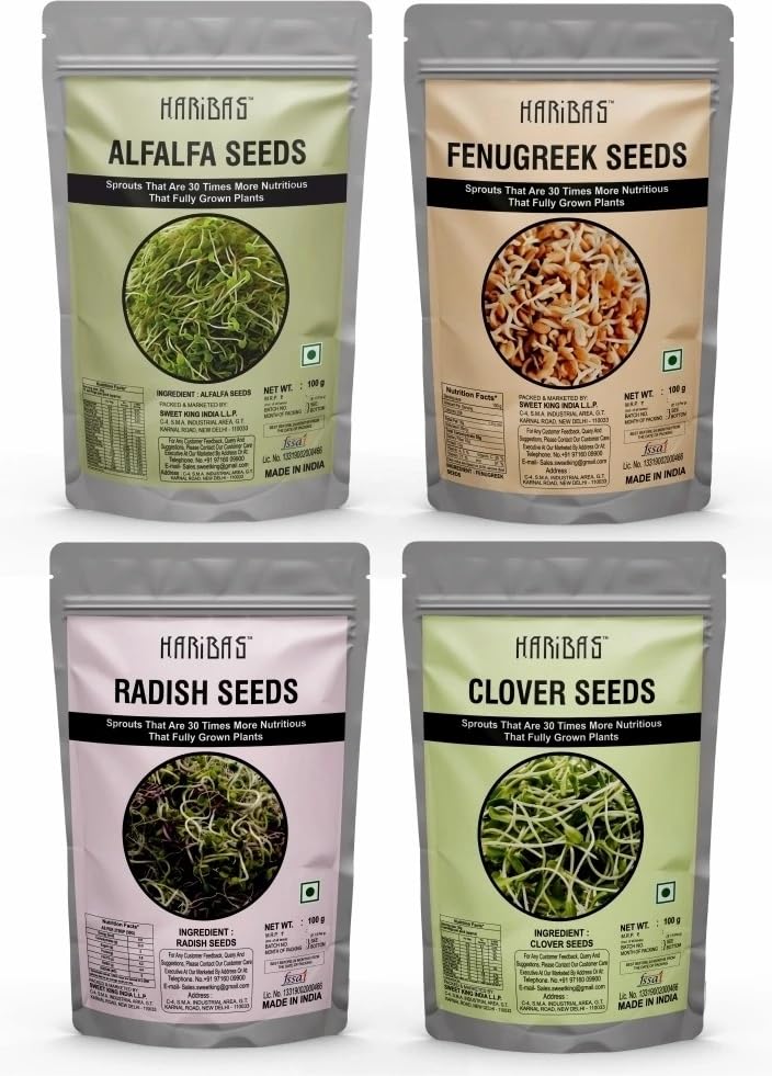 Image of HARIBAS Microgreens Sprouting for Sprouting 100gm Each |Pack of 12 Alfalfa, Fenugreek, Clover, Radish Seeds | Satvi Lifestyle | Super Seeds for Healthy Salads