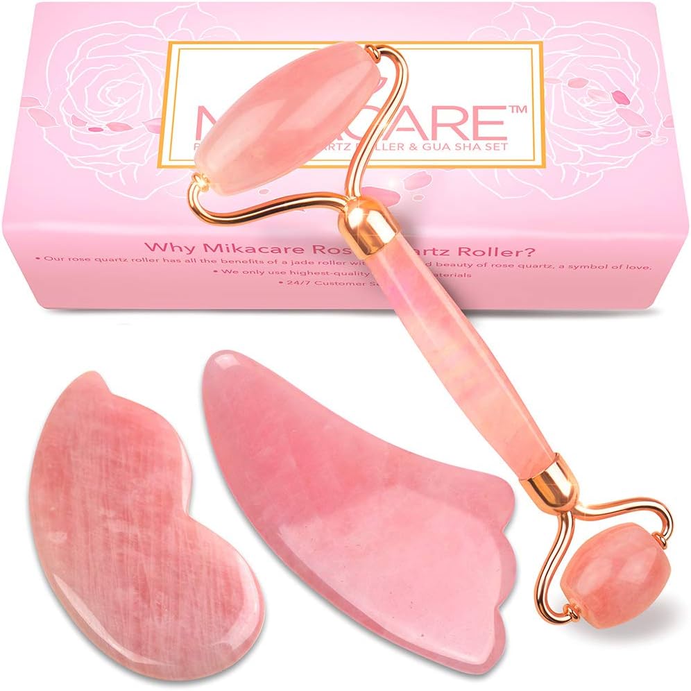 2 in 1 Rose Quartz Roller and Gua Sha - Facial Face Roller and Massager Healing Toning Massage Jade Roller Alternative by Mikacare