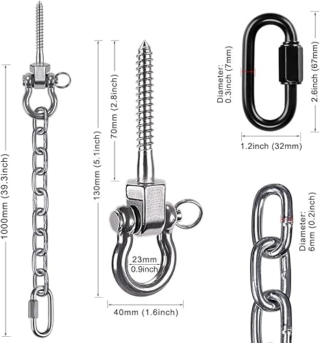 Miniatura 7 de BeneLabel Kit de gancho y cadena de columpio resistente para silla hamaca, soporte de tornillo de madera para silla colgante de interior y exterior,