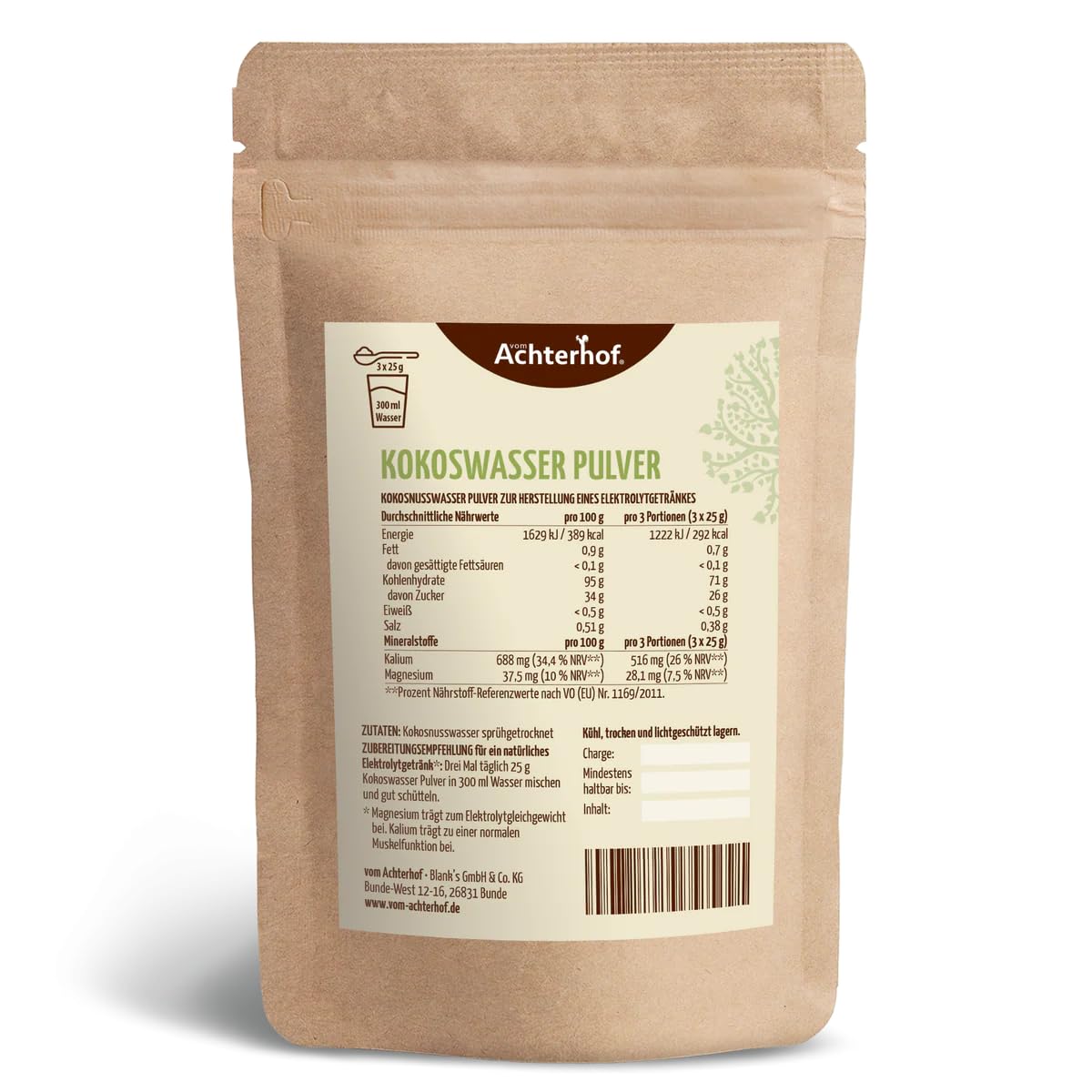 Kokoswasser Pulver 250g |erfrischende natürliches Elektrolyte-Getränk mit Magnesium & Potassium | schonend getrocknet | Achterhof