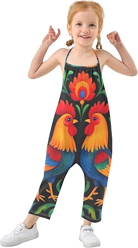 Travel Baby Jumpsuits Girls Rompers Toddlers Halter Onesie Summer Outfits Colorful Folk Art Roosters Black 12m(5T)