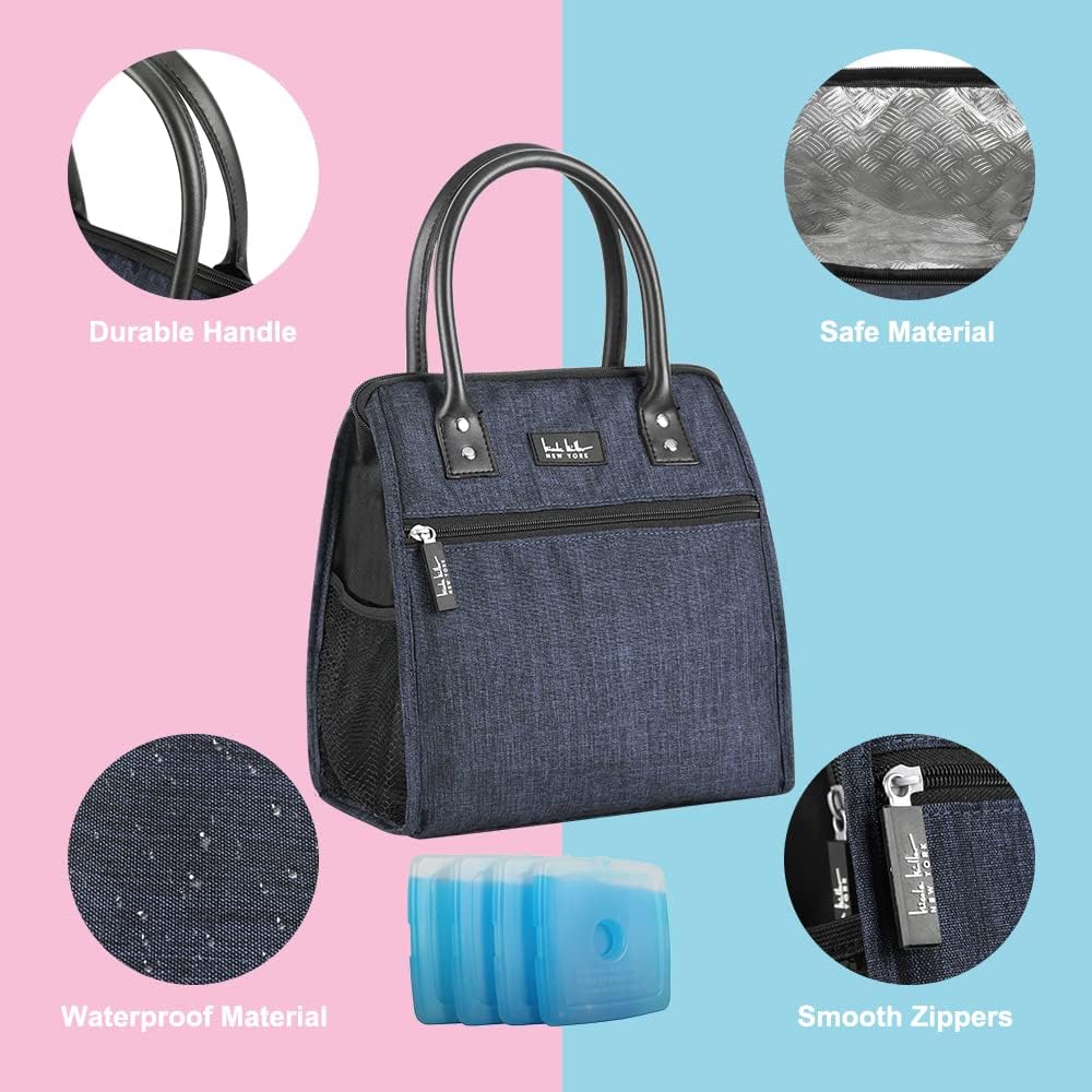 Nicole Miller Insulated Lunch Bag Tote Thermal Soft Side Wide-Open Cooler Ice Bag Lunch Box for Food with Drink Bottle Holder