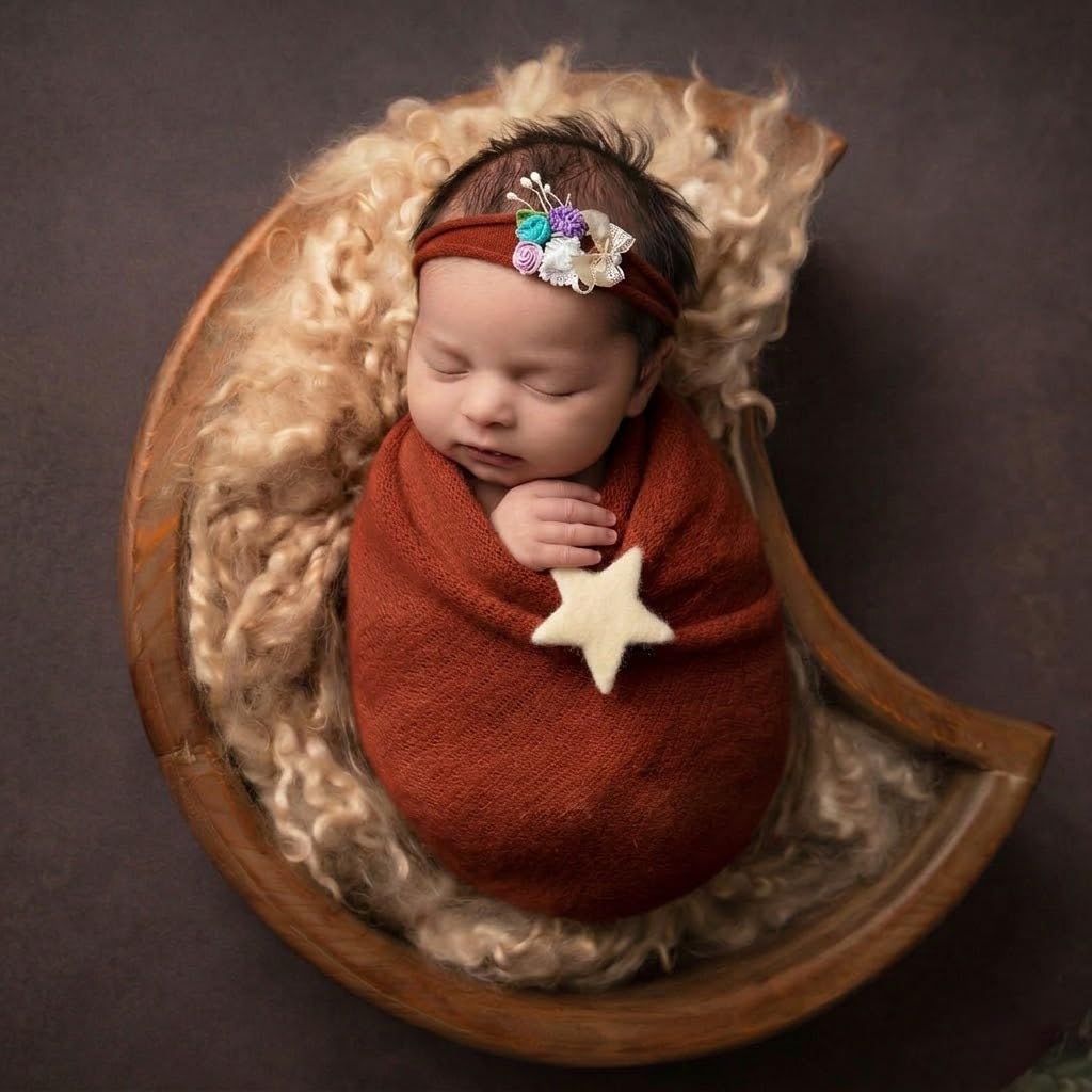 BabyMoon Rayon Newborn Baby Wraps with Hairband Photography Photoshoot Props Costume Swaddle (190x60cm, Maroon)-picture-23
