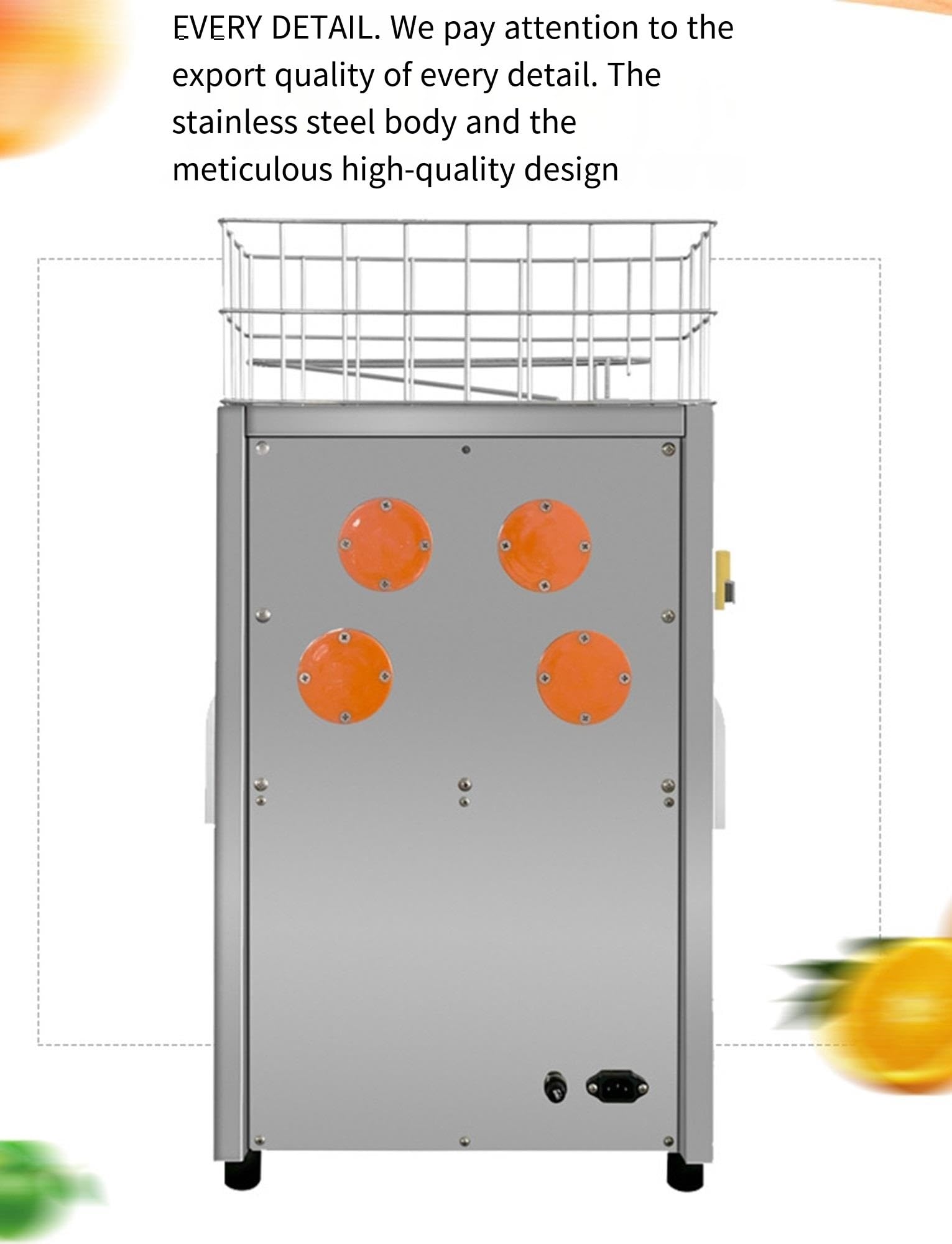 Exprimidor de jugo automático de naranja comercial, exprimidor de acero inoxidable de 120 W con cubos de recogida de cáscara y filtro extraíble, extrae 22-30 naranjas por minuto