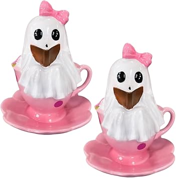 Halloween Teacup Pink Ghost Statue, Cute Little Teacups Ghosts, Adorable Pink Halloween Ghost Decorations for Girls Women 2pc