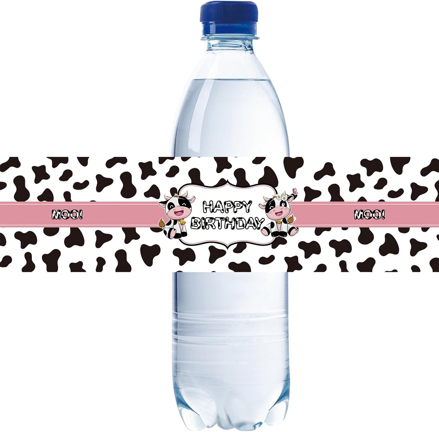 32pcs Cow Happy Birthday Water Bottle Labels, Moo Cow Bottle Wrappers for Girl, Farm Animal Birthday Stickers for Baby Shower Party Decoration