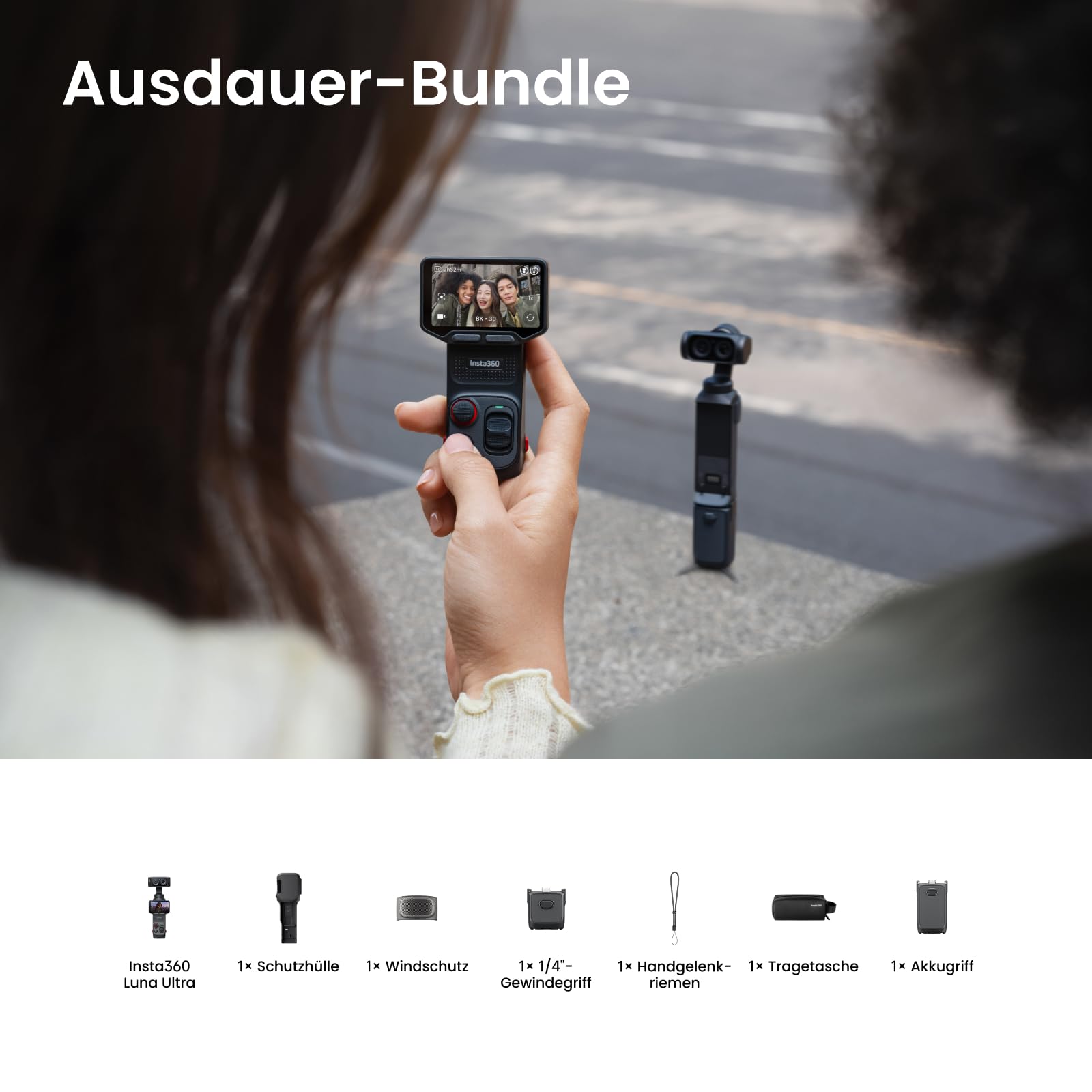 Insta360 Luna Ultra Ausdauer-Bundle – 8K Vlogging-Kamera mit Zwei Leica Objektiven, 12× Zoom, 1"-Sensor, Abnehmbarer 2"-Touchscreen, Dreifach-KI-Chip, kompakte Gimbal-Kamera für Vlogs und Fotografie